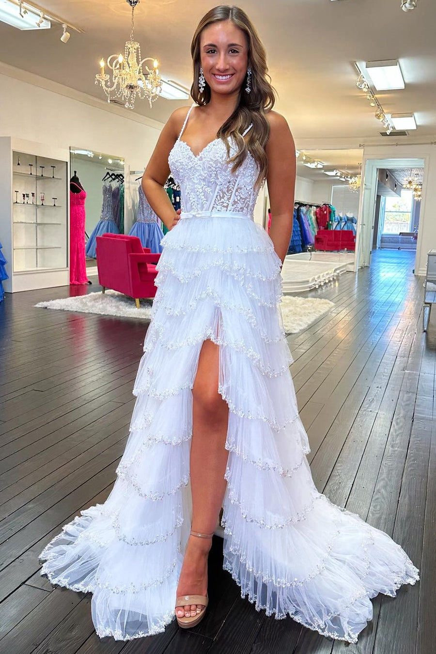White Lace Beaded Ruffle Tiered Long Prom Dress with Slit