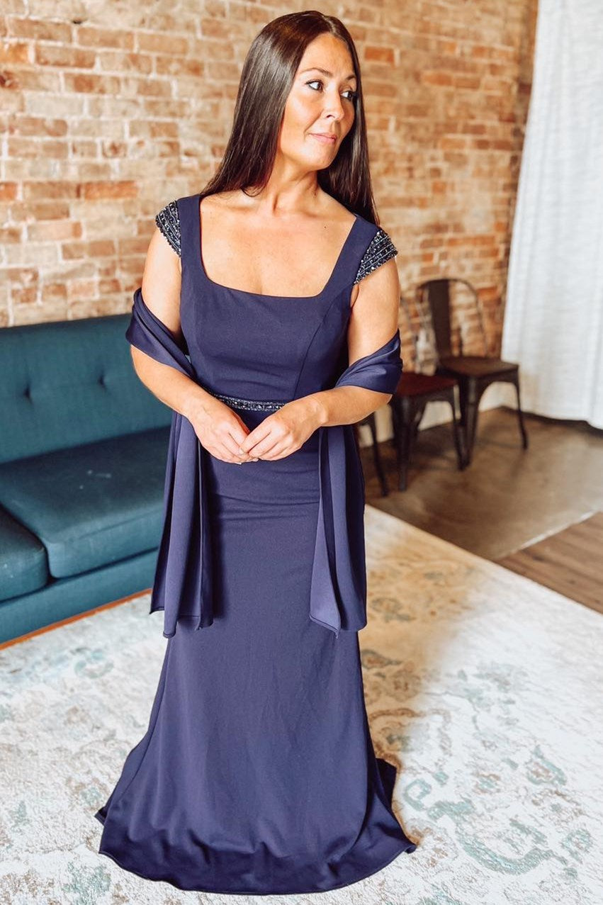 Navy Blue Square Neck Mother of the Bride Dress with Cap Sleeves Modsele Navy Blue Square Neck Mother of the Bride Dress with Cap Sleeves Modsele