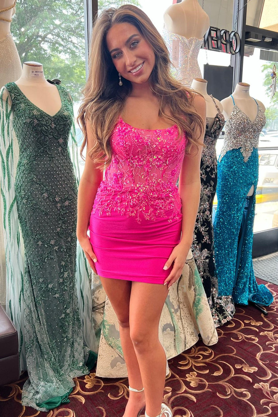 Hot Pink Sequin Lace Backless Fitted Homecoming Dress