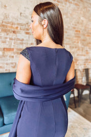 Navy Blue Square Neck Mother of the Bride Dress with Cap Sleeves
