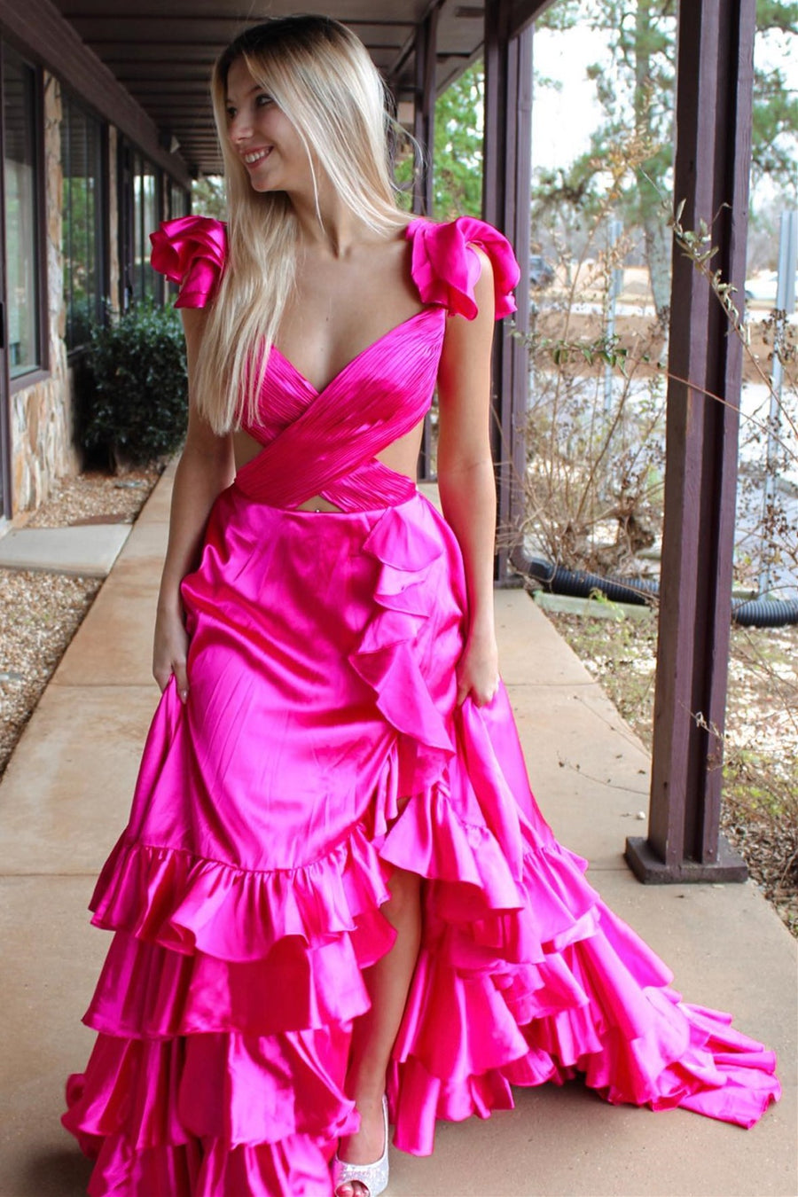 Red Cutout Ruffle A-Line Long Prom Dress with Slit Modsele Red Cutout Ruffle A-Line Long Prom Dress with Slit Modsele