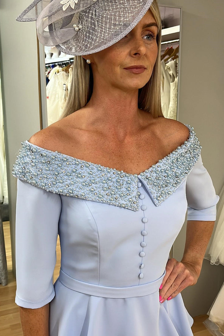 Light Blue Portrait 1/2 Sleeves Beaded Ruffle Mother of the Bride Dress