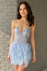 Light Blue Strapless Beaded Short Homecoming Dress with Feathers