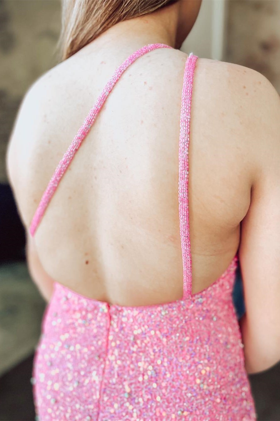 Iridescent Pink Sequin One-Shoulder Short Homecoming Dress