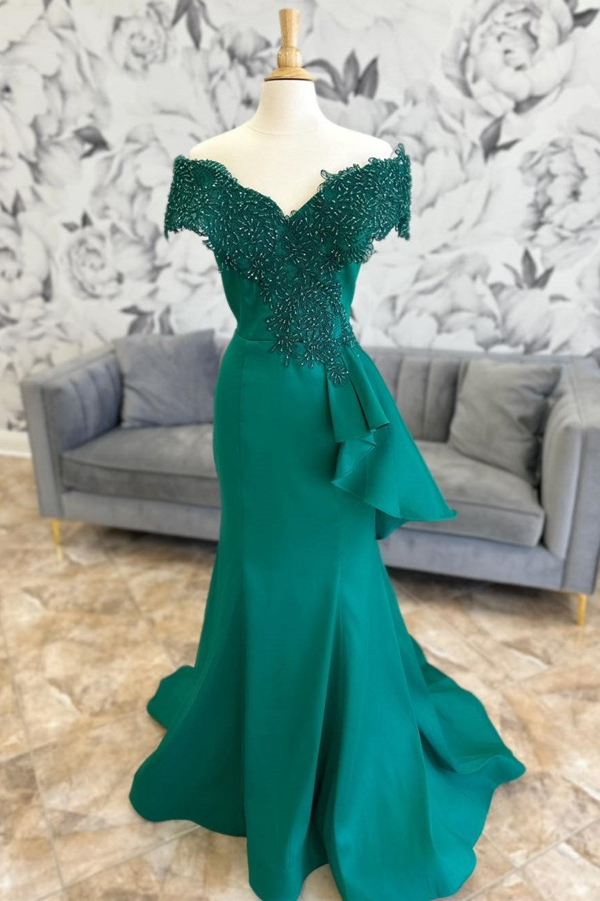 Emerald Applique Off-the-Shoulder Trumpet Long Formal Dress