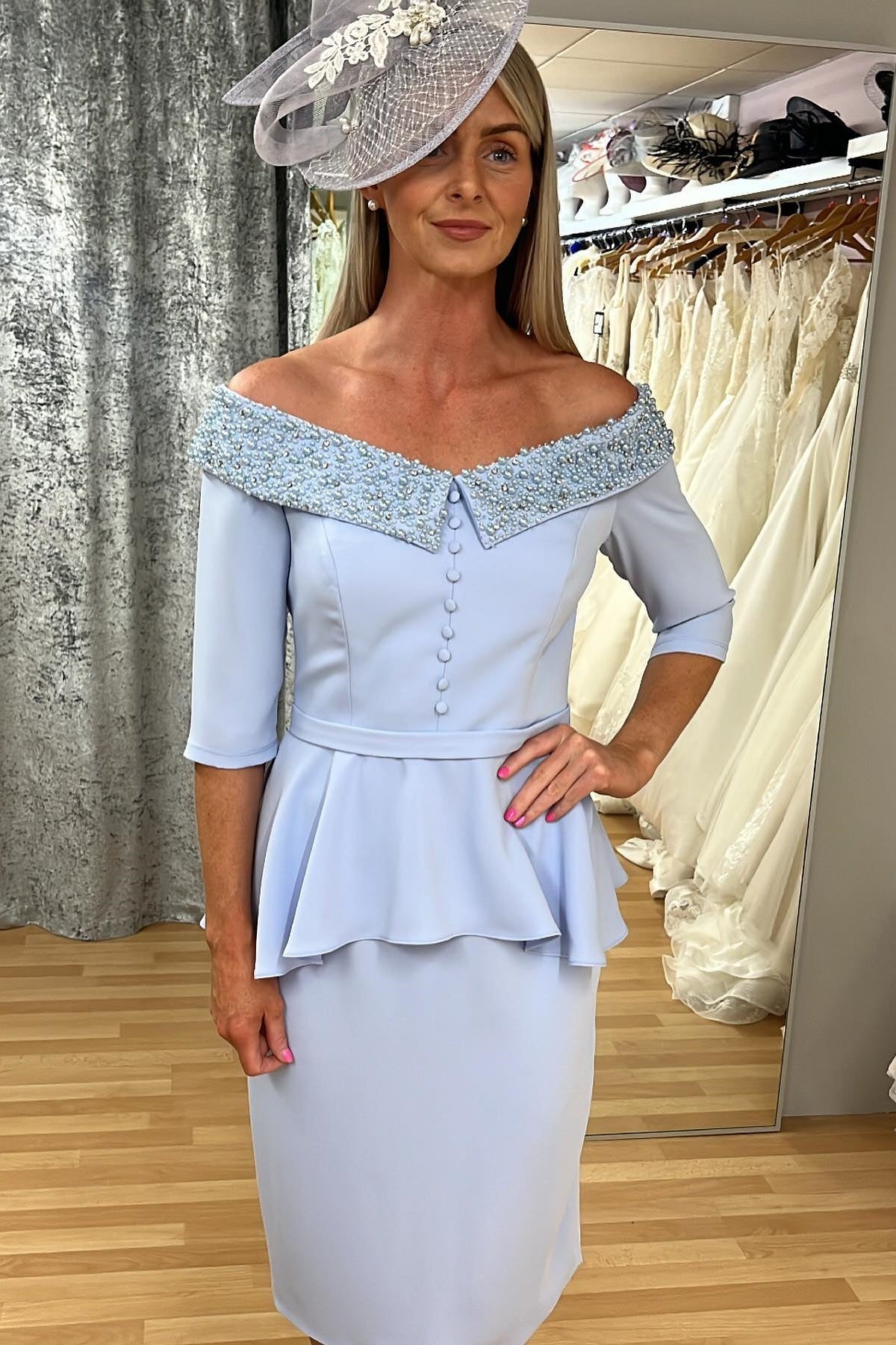 Light Blue Portrait 1/2 Sleeves Beaded Ruffle Mother of the Bride Dress