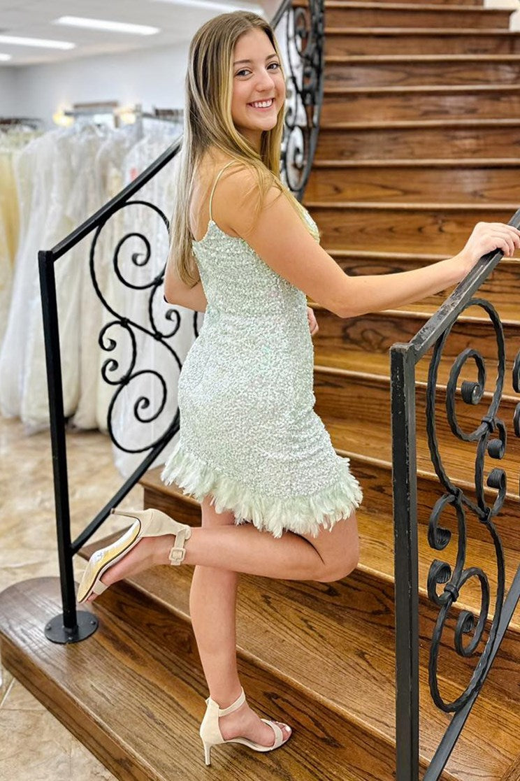 Mint Green Sequin Spaghetti Strap Short Dress with Feathers