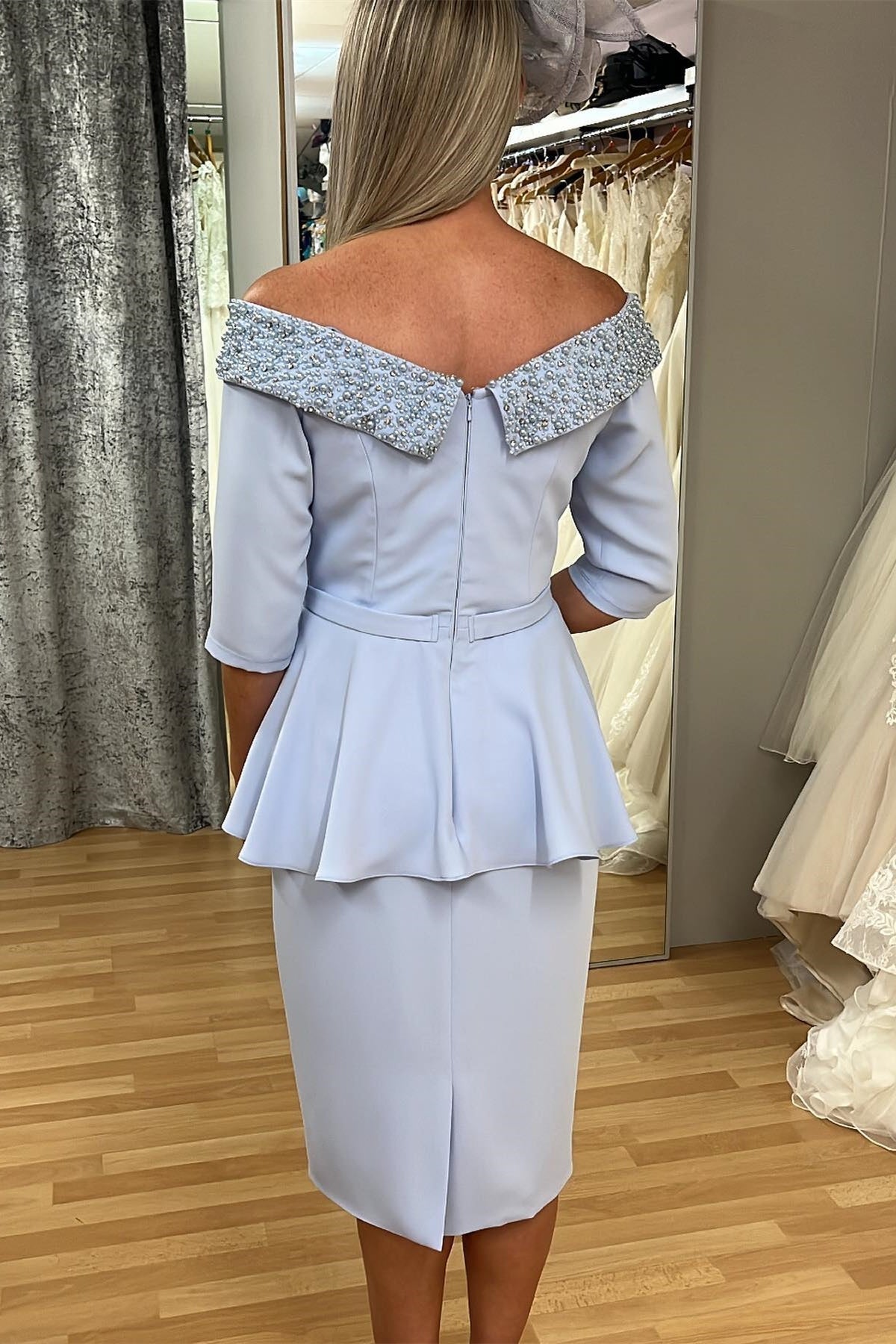 Light Blue Portrait 1/2 Sleeves Beaded Ruffle Mother of the Bride Dress