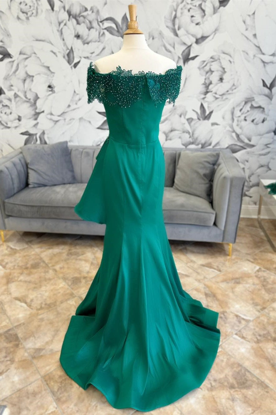 Emerald Applique Off-the-Shoulder Trumpet Long Formal Dress