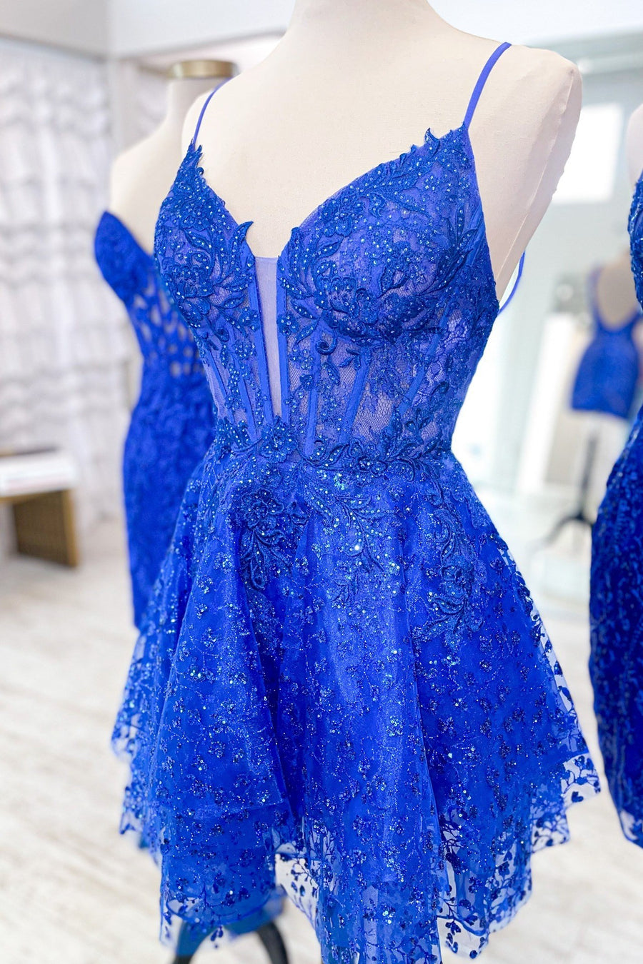 Sea Glass Tulle Lace Multi-Layer Short Gown with Spaghetti Straps Modsele Sea Glass Tulle Lace Multi-Layer Short Gown with Spaghetti Straps Modsele