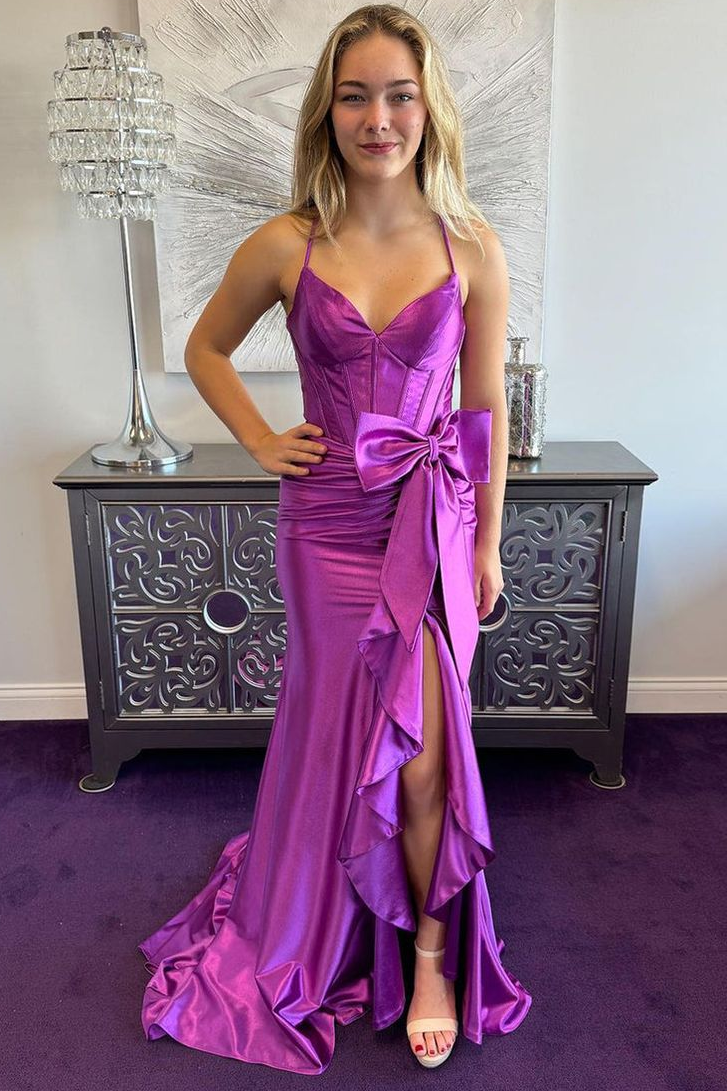 Pink Spaghetti Straps V-Neck Satin Bow Long Prom Dress with Slit