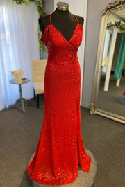 Red Sequin Surplice Mermaid Long Prom Dress