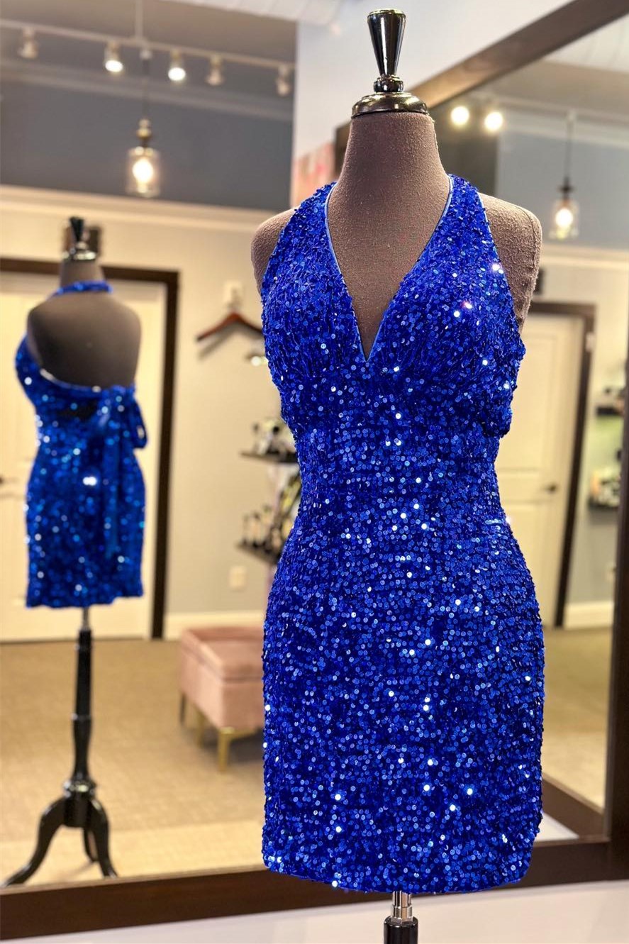 Periwinkle Sequin Halter Tie-Back Short Homecoming Dress Modsele Periwinkle Sequin Halter Tie-Back Short Homecoming Dress Modsele