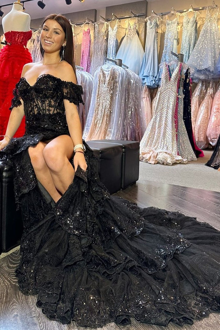 Red Sequin-Embroidery Off-the-Shoulder Tiered Long Prom Dress with Slit