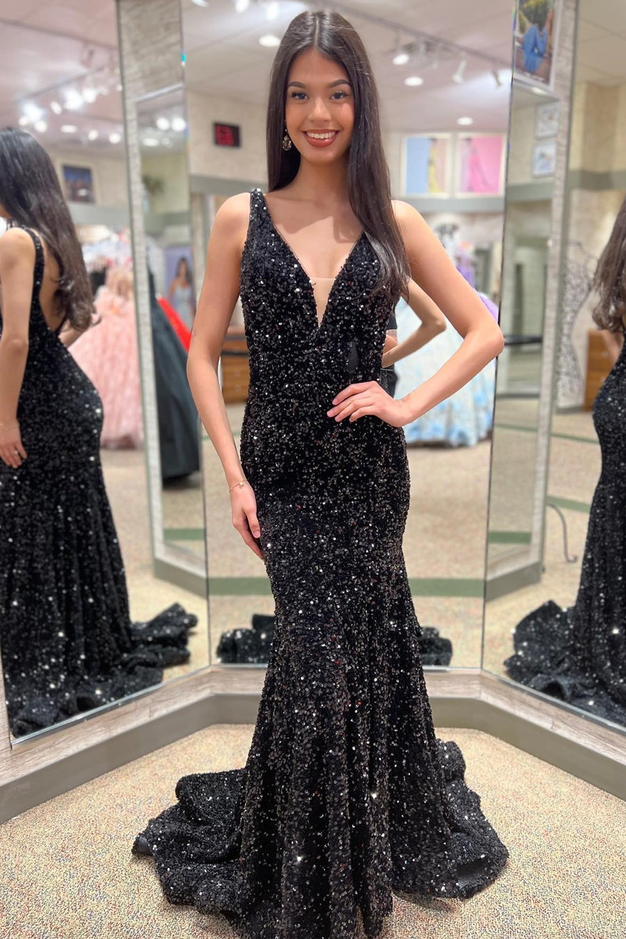 Glitter Plunge Pink Sequin Trumpet Long Formal Dress Modsele Glitter Plunge Pink Sequin Trumpet Long Formal Dress Modsele
