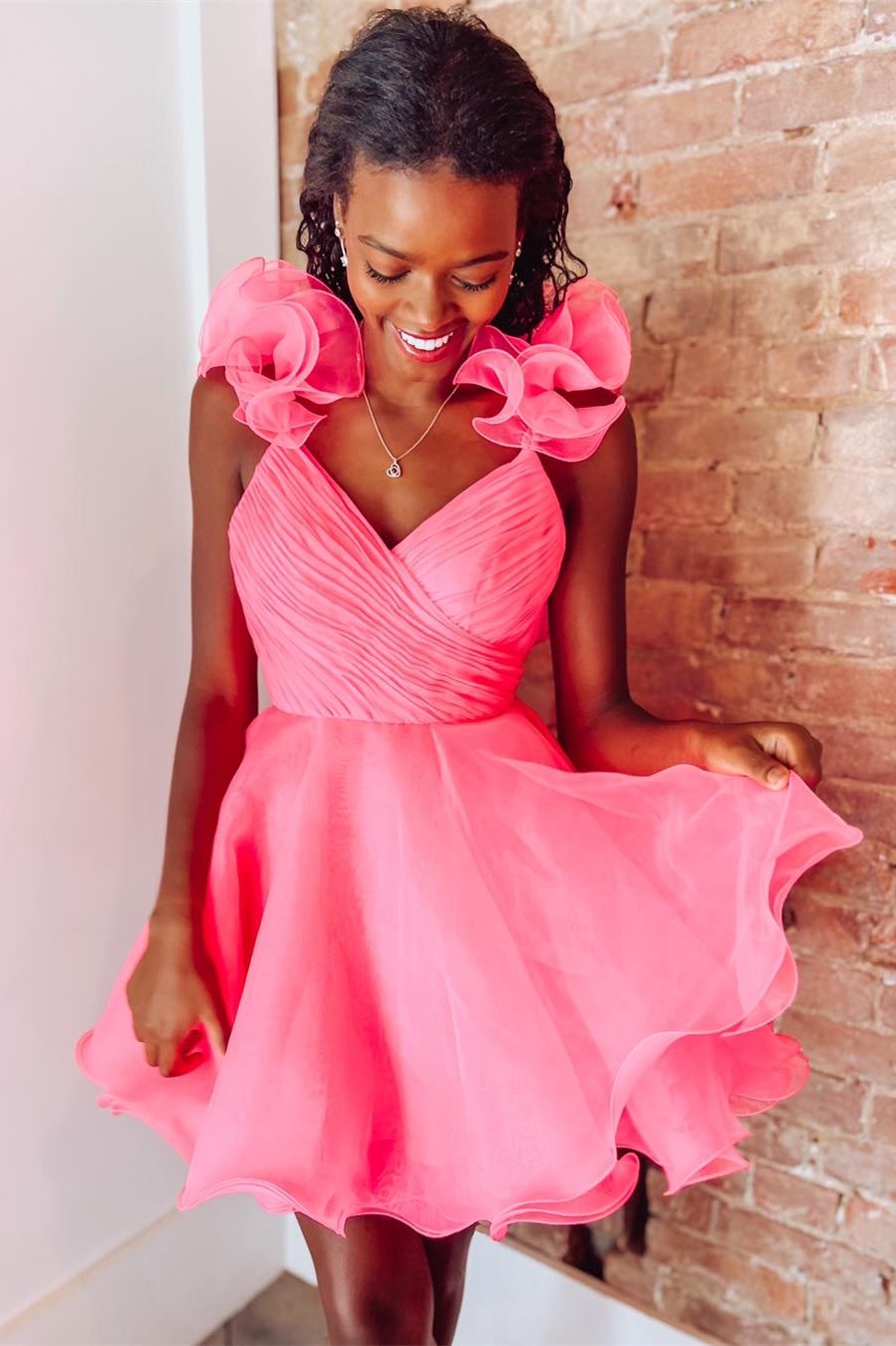 Hot Pink Organza Surplice-Neck Short Party Dress with Ruffles Modsele Hot Pink Organza Surplice-Neck Short Party Dress with Ruffles Modsele