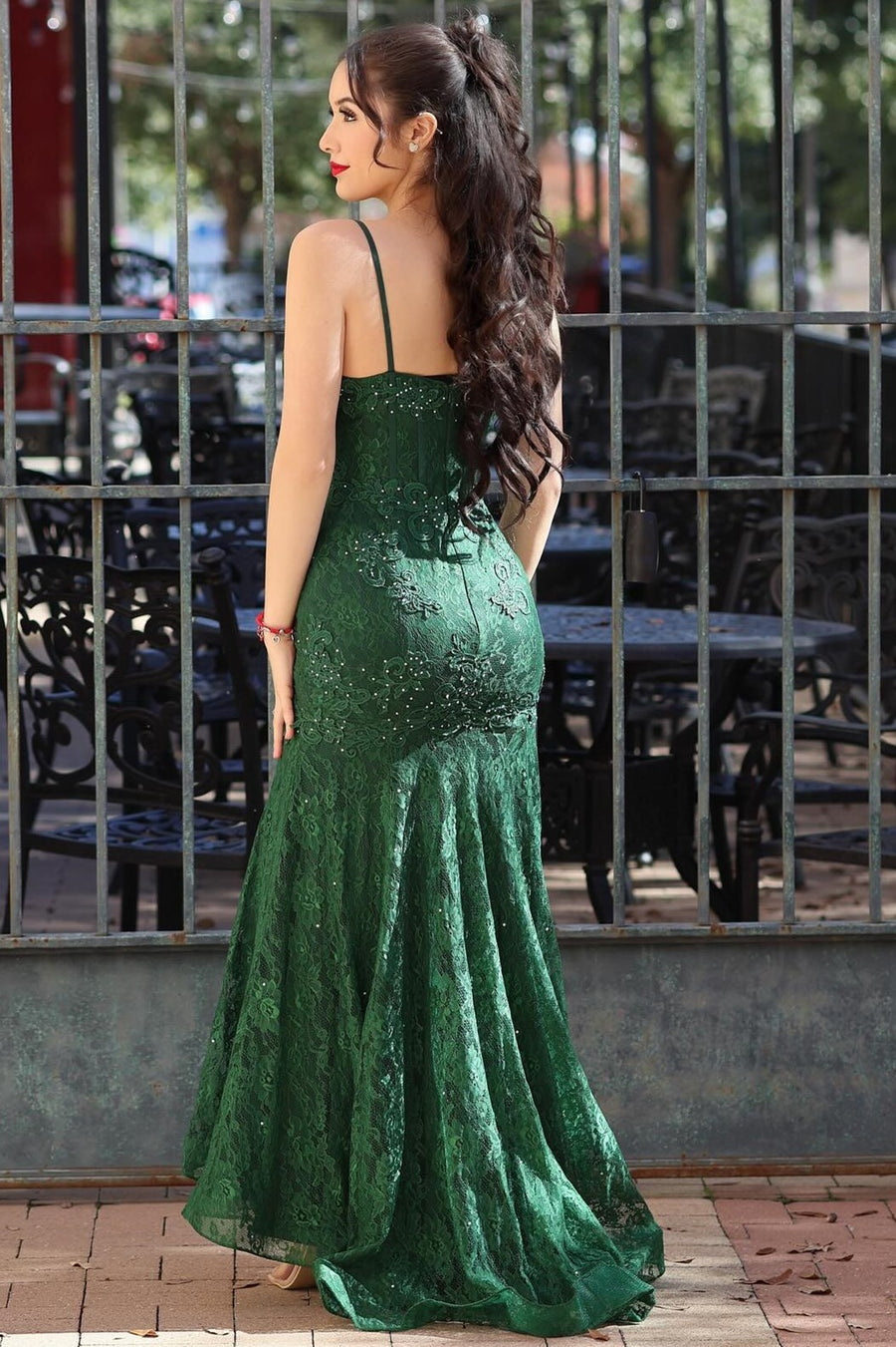 Green Lace Beaded Sweetheart Trumpet Long Prom Gown