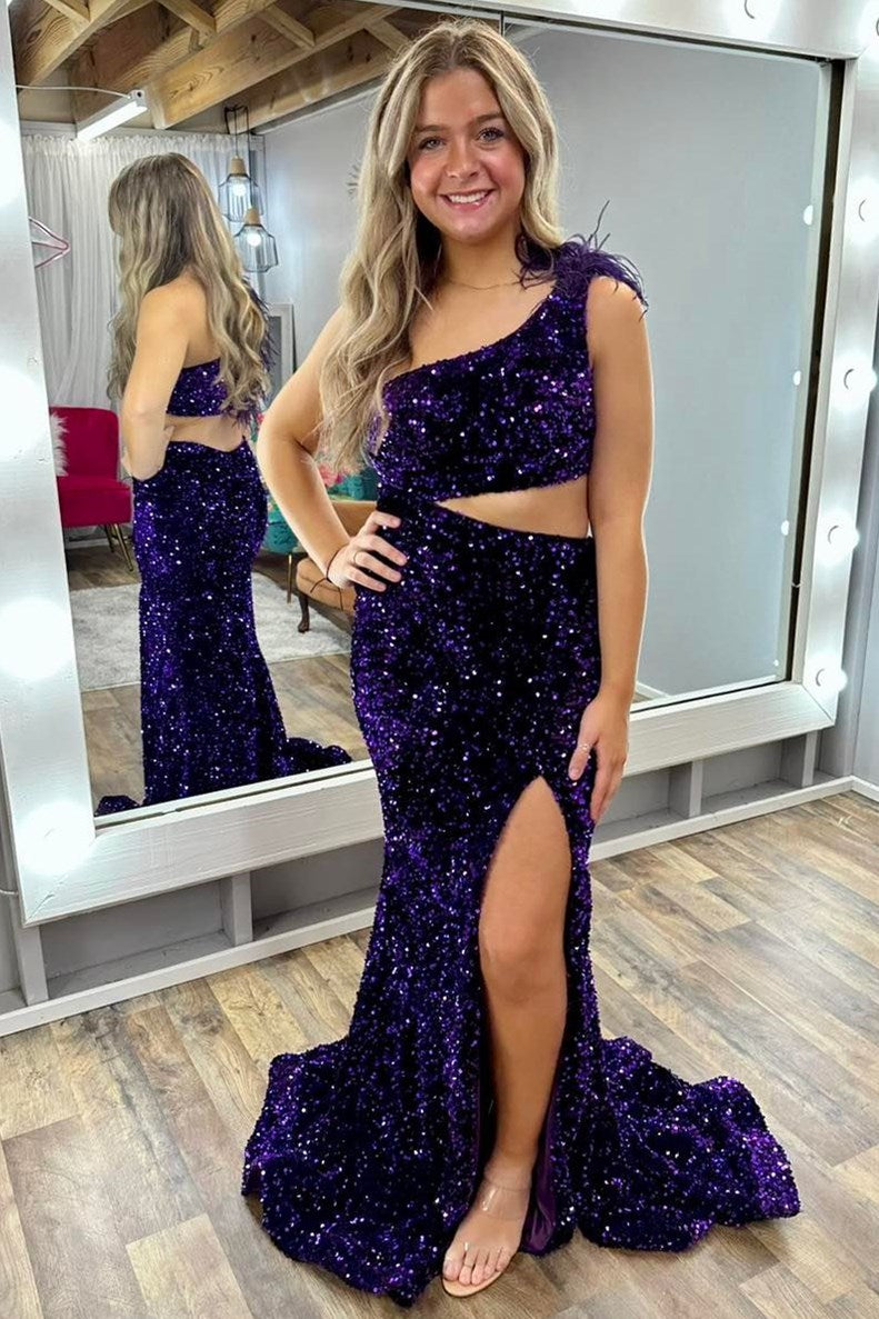 Sequin Feather One-Shoulder Mermaid Long Dress with Slit