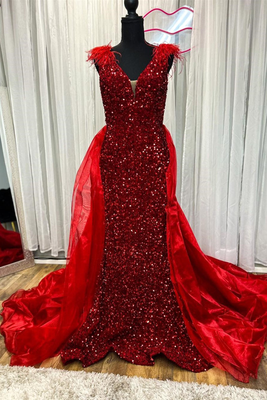 Red Sequin Plunge V Mermaid Long Dress with Attached Train