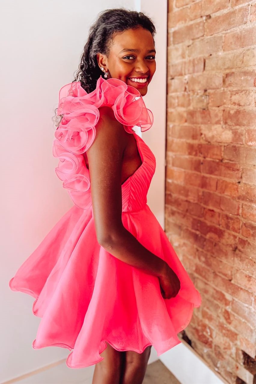 Hot Pink Organza Surplice-Neck Short Party Dress with Ruffles