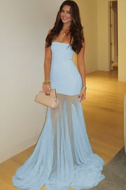 Mermaid Yellow Strapless Scoop Neck Sleeveless Long Prom Dress with Train