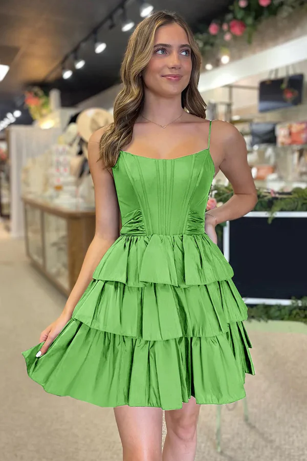 Chic Spaghetti Straps Sleeveless A-Line Ruffle Satin Homecoming Dress