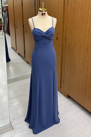 Navy Twist-Front Long Formal Dress with Spaghetti Straps