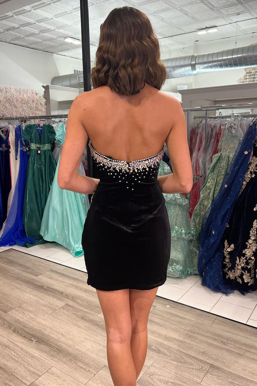 Black Velvet Strapless Beaded Short Cocktail Dress with Tassels Modsele Black Velvet Strapless Beaded Short Cocktail Dress with Tassels Modsele
