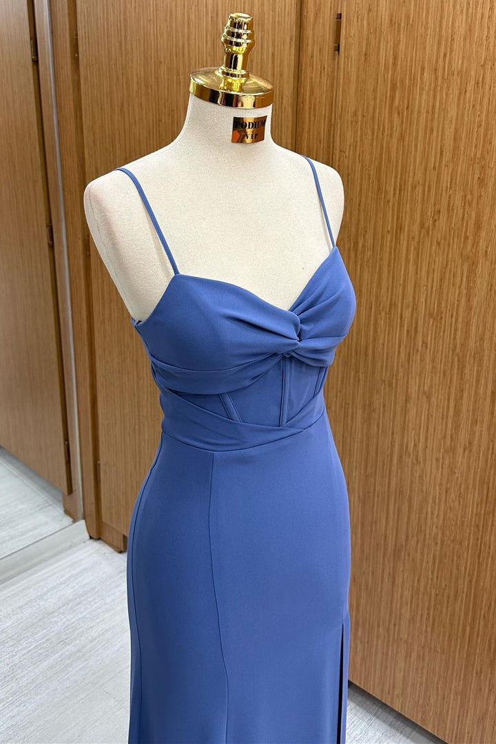 Navy Twist-Front Long Formal Dress with Spaghetti Straps
