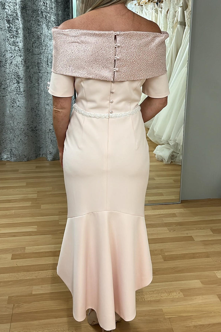 Blush Pink Beaded Portrait Sleeves Tea-Length Mother of the Bride Dress