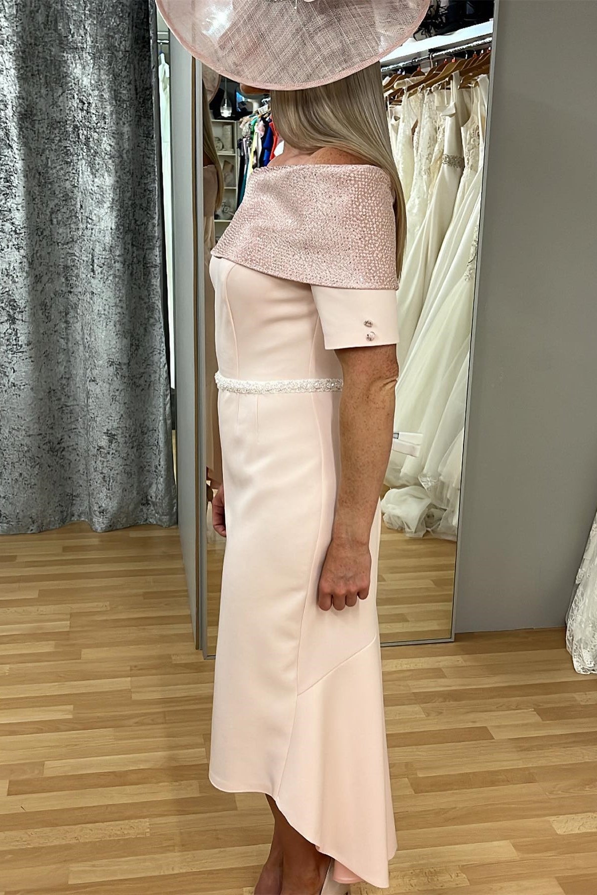 Blush Pink Beaded Portrait Sleeves Tea-Length Mother of the Bride Dress