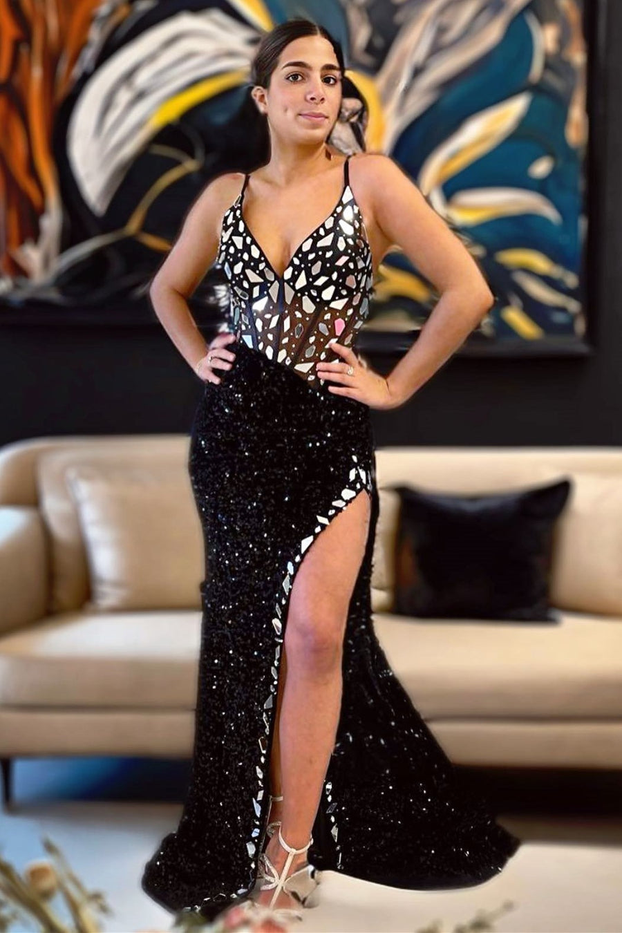 Green Sequin V-Neck Long Prom Dress with Cut Glass Mirrors Modsele Green Sequin V-Neck Long Prom Dress with Cut Glass Mirrors Modsele