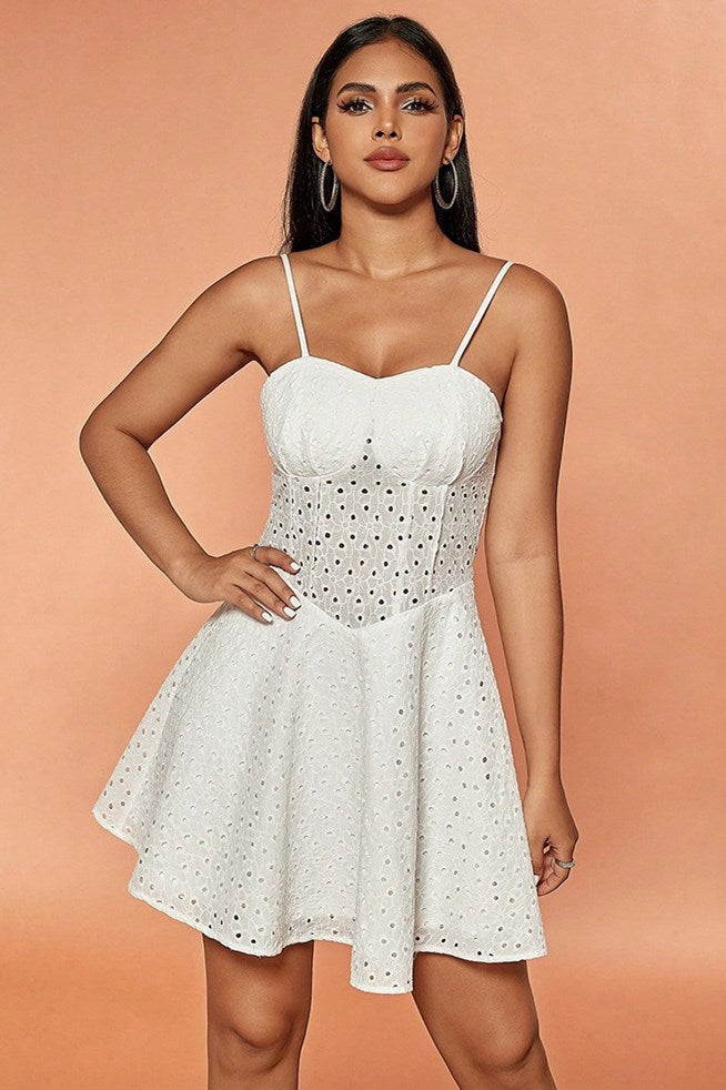 White Lace A-Line Mini Dress with Spaghetti Straps
