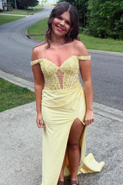 Off-Shoulder Sweetheart Appliques Pleated Side Slit Mermaid Prom Dress