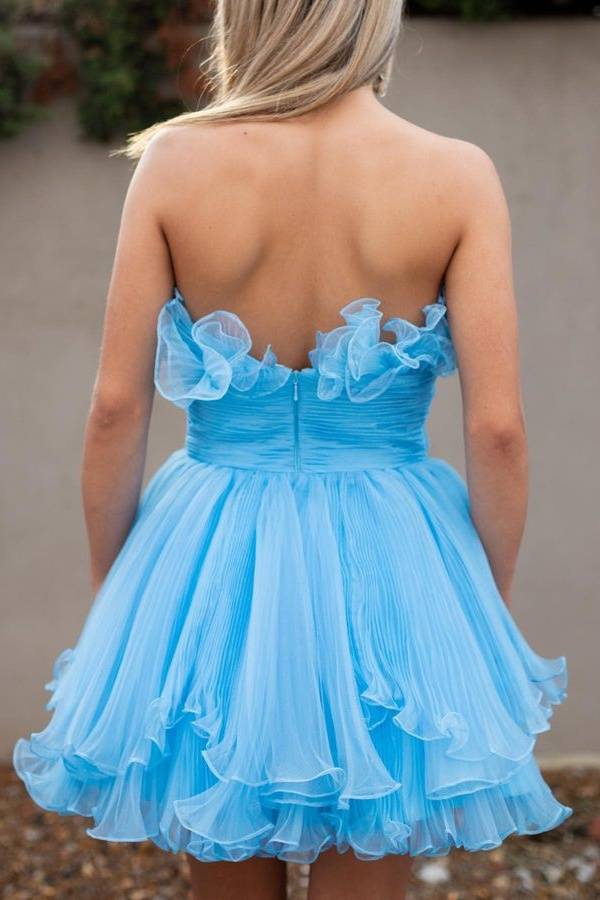 Light Blue Strapless Pleated Short Dress with Ruffles