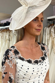 White 1/2 Sleeves Appliques Calf-Length Mother of the Bride Dress with Dots
