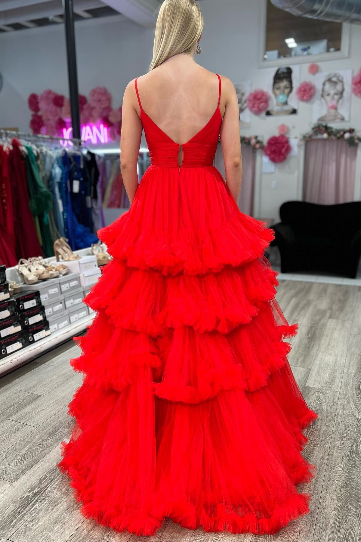 Red Tulle V-Neck Tiered Long Gown with Ruffles