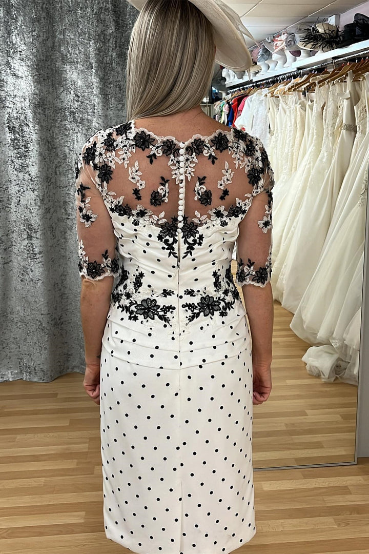 White 1/2 Sleeves Appliques Calf-Length Mother of the Bride Dress with Dots