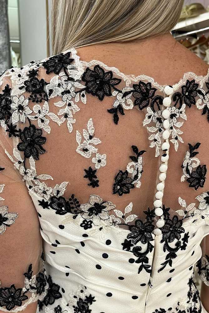 White 1/2 Sleeves Appliques Calf-Length Mother of the Bride Dress with Dots