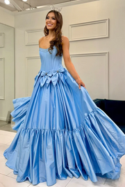 A-Line Strapless Scoop Empire-Waist Bow Satin Long Formal Prom Dress