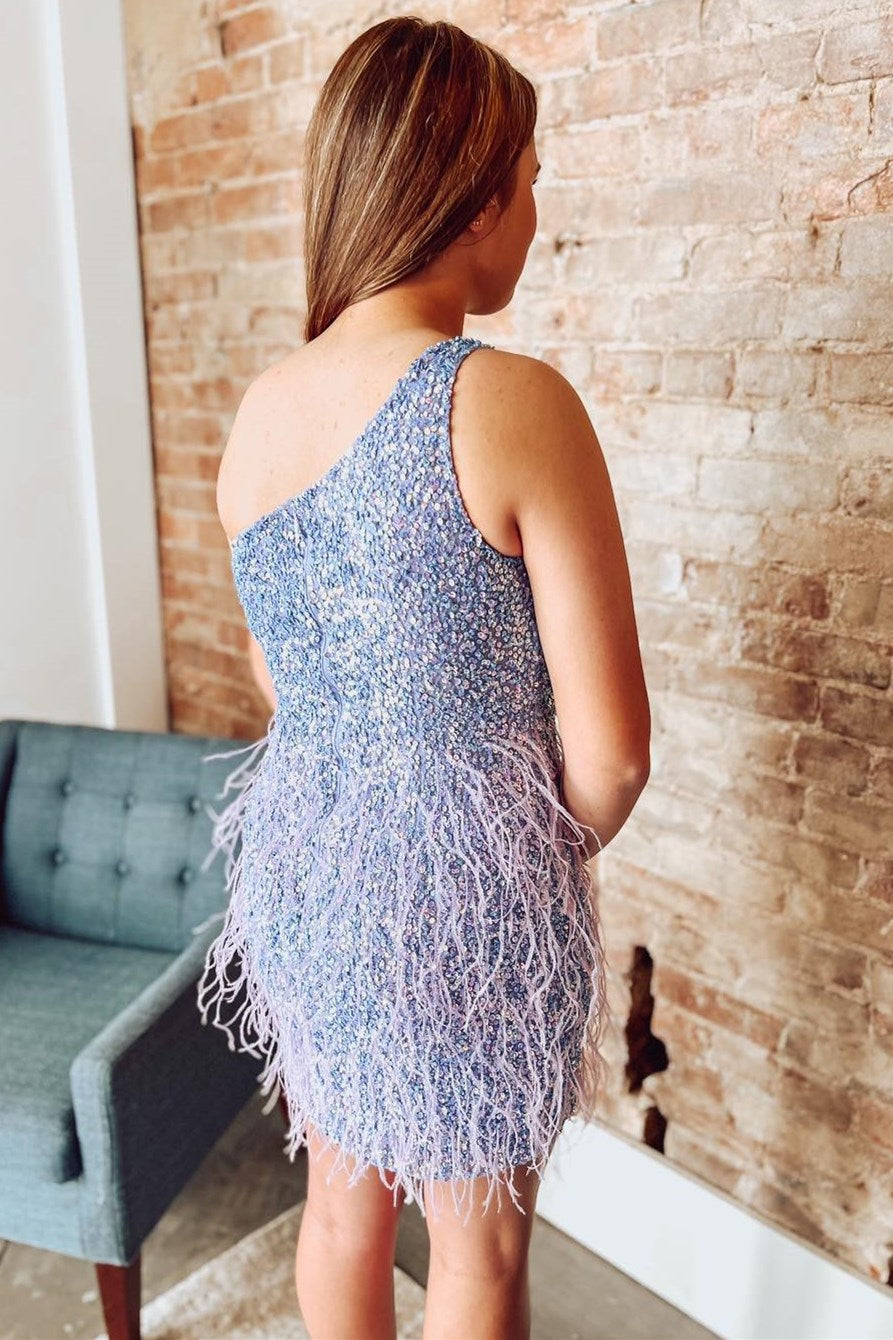 Light Blue Sequin One-Shoulder Short Party Dress with Feathers