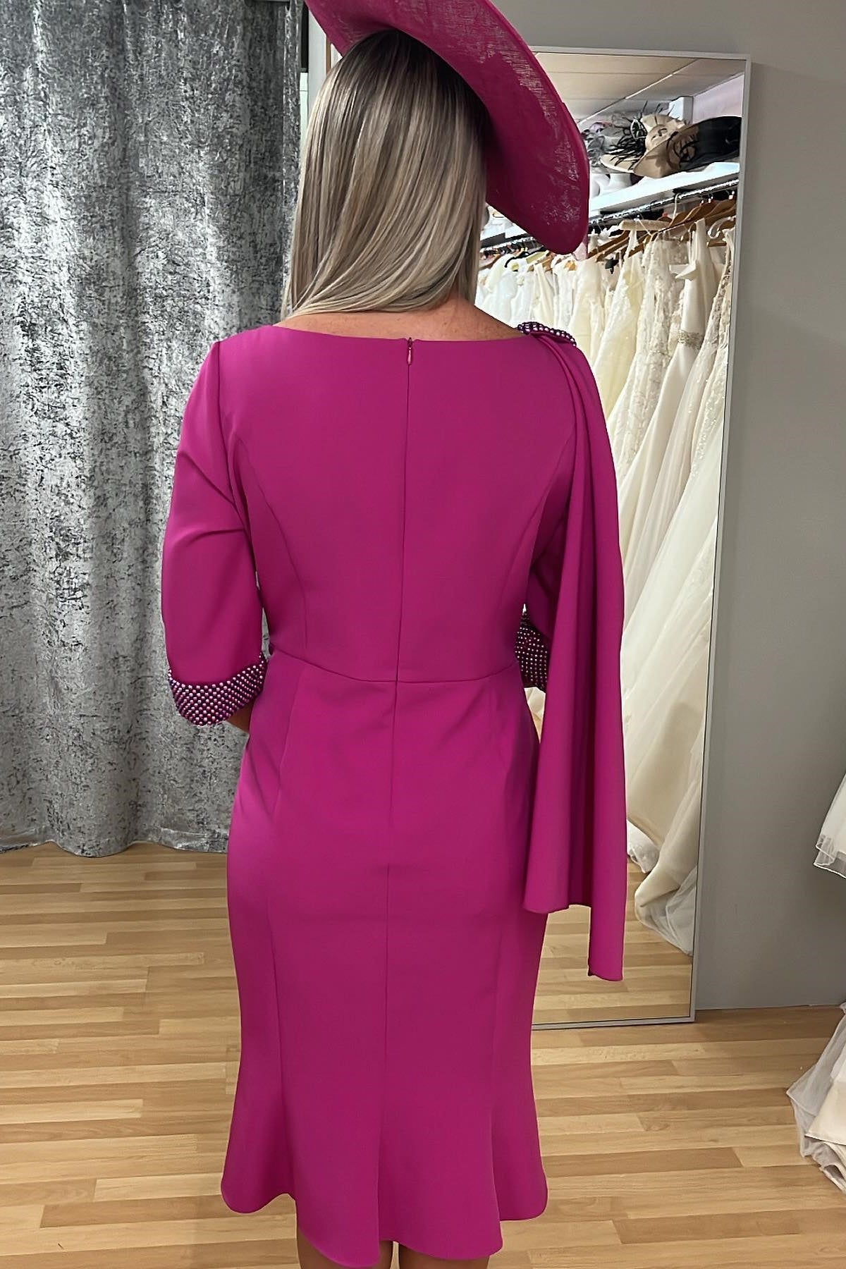 Fuchsia Asymmetrical Neck Beaded Mother of the Bride Dress with Scarf