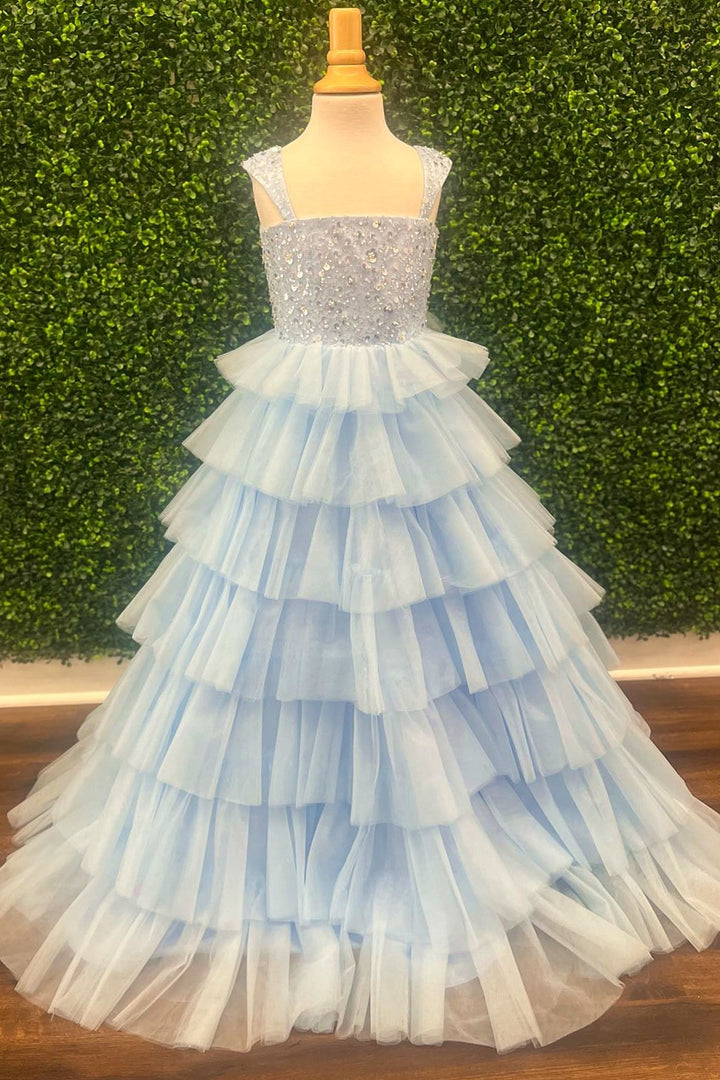 Lavender Straps A-Line Tiered Long Girl Pageant Dress with Ruffles