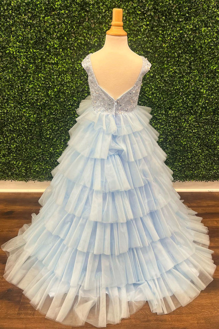 Lavender Straps A-Line Tiered Long Girl Pageant Dress with Ruffles