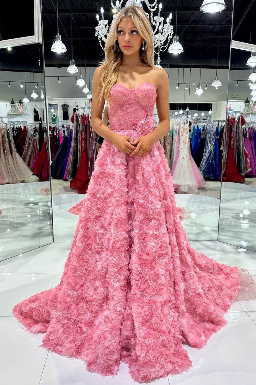 Pink Floral Petal Appliques Sweetheart A-Line Long Prom Dress