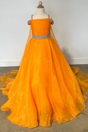 Orange Organza Cold-Shoulder Beaded A-Line Girl Pageant Dress