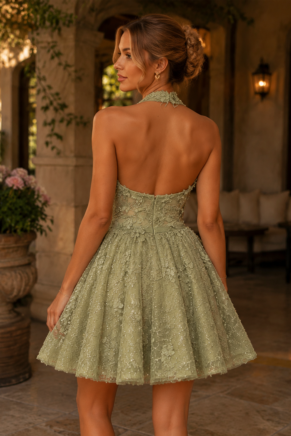 3D Floral Lace Appliques A-Line Empire-Waist Halter Homecoming Dress