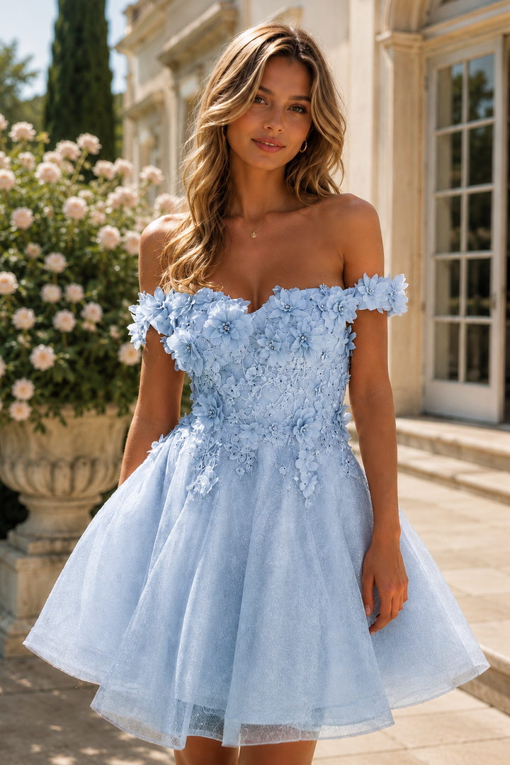 3D Floral Off Shoulder Homecoming Dress with Appliques