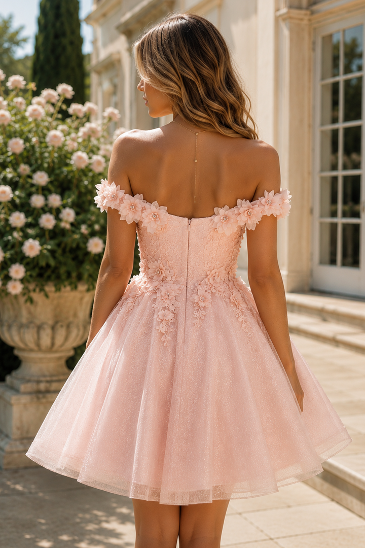 3D Floral Off Shoulder Homecoming Dress with Appliques