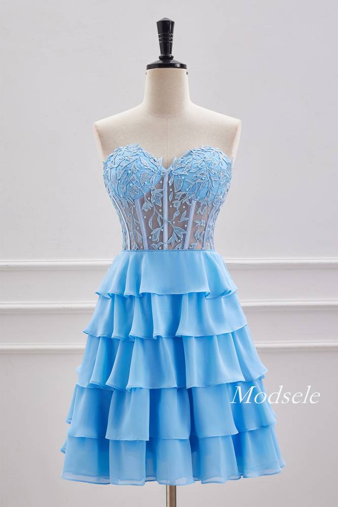 Strapless Light Blue Applique Beaded Ruffle Homecoming Dress